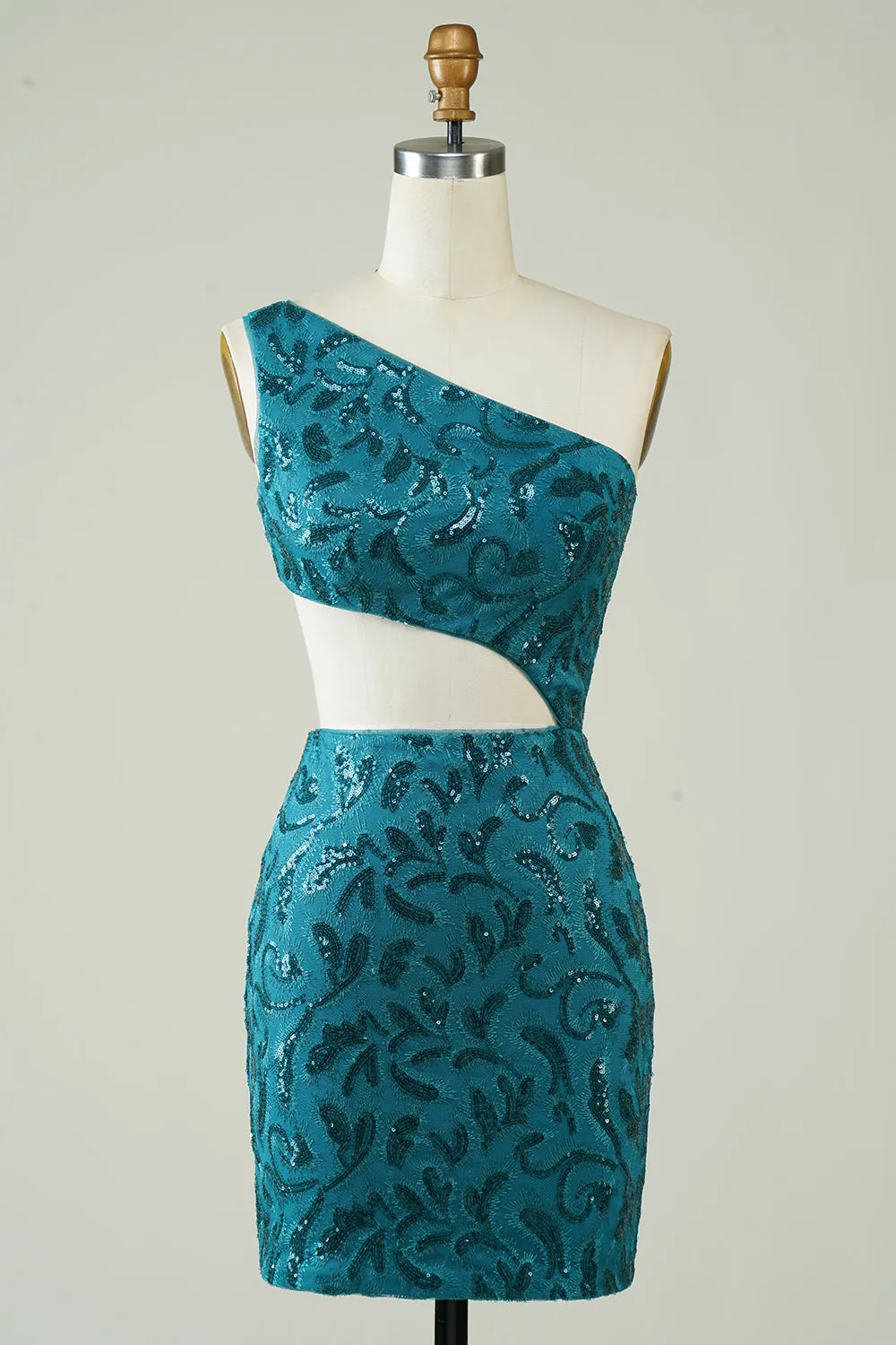 Blue Glitter One Shoulder Tight Homecoming Dress with Hollow-out sold by Zapaka