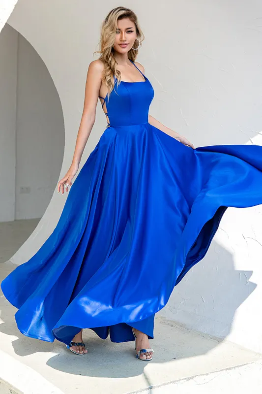 Royal Blue Backless Satin Prom Dress sold by Zapaka