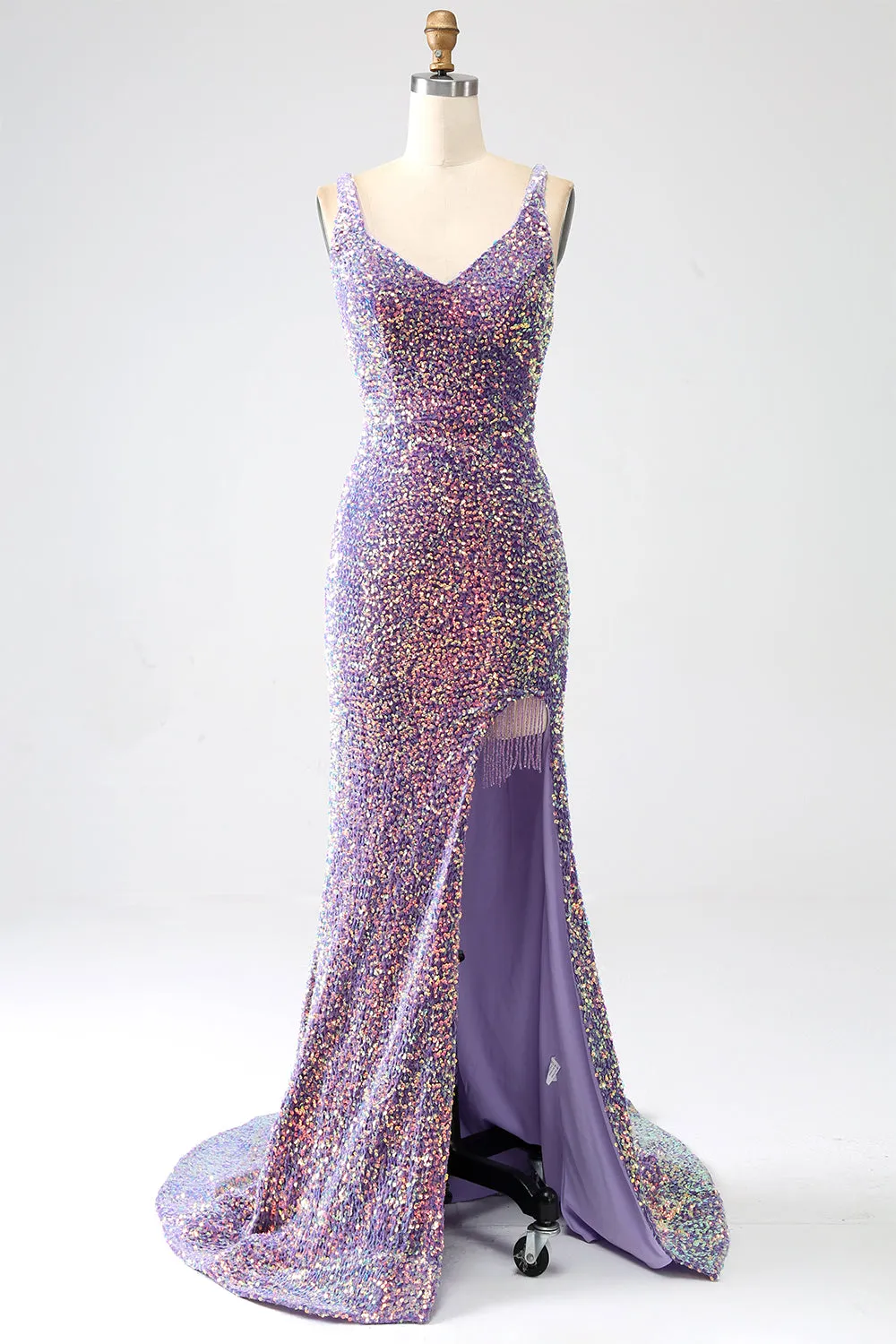 Sparkly Mermaid Light Purple Sequins Evening Dress with Slit sold by Zapaka