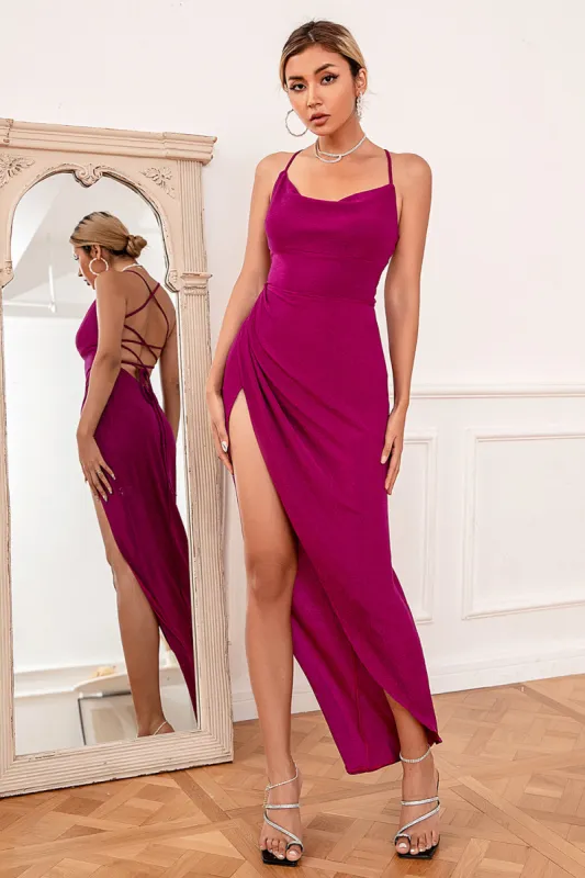 Sheath Halter Fuchsia Party Dress with Cris Cross Back sold by Zapaka