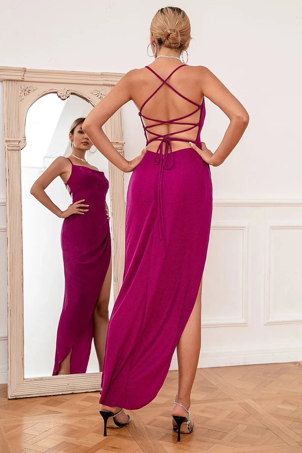 Sheath Halter Fuchsia Party Dress with Cris Cross Back sold by Zapaka product image thumbnail 2