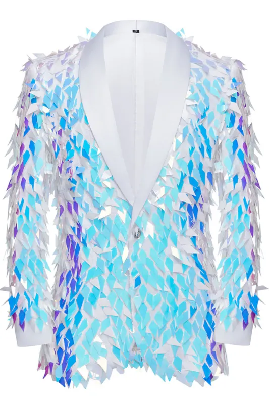 Sparkly Sequins White Shawl Lapel Men's Blazer sold by Zapaka