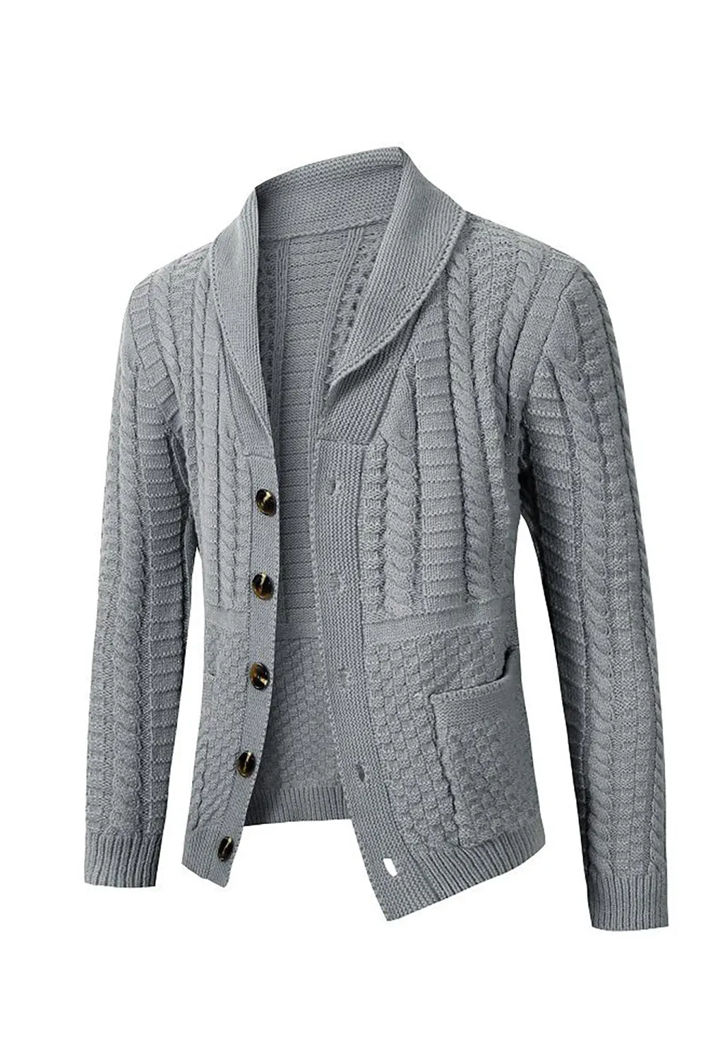 Grey Men's Casual Shawl Lapel Cardigan Button Down Cable Knitted Sweater sold by Zapaka product image thumbnail 3