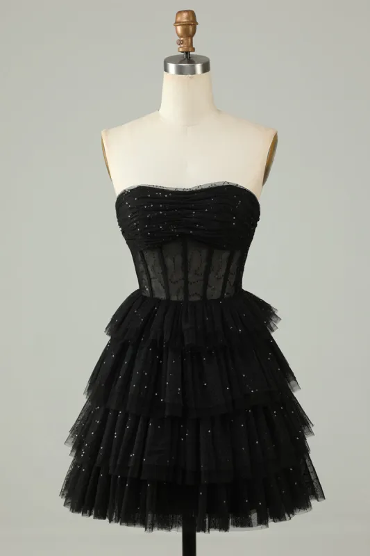 Black A Line Strapless Open Back Corset Homecoming Dress sold by Zapaka