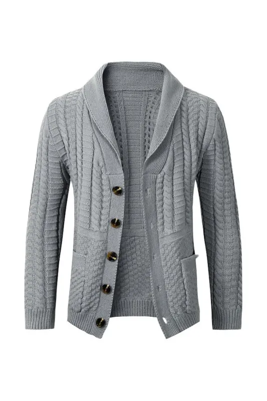 Grey Men's Casual Shawl Lapel Cardigan Button Down Cable Knitted Sweater sold by Zapaka