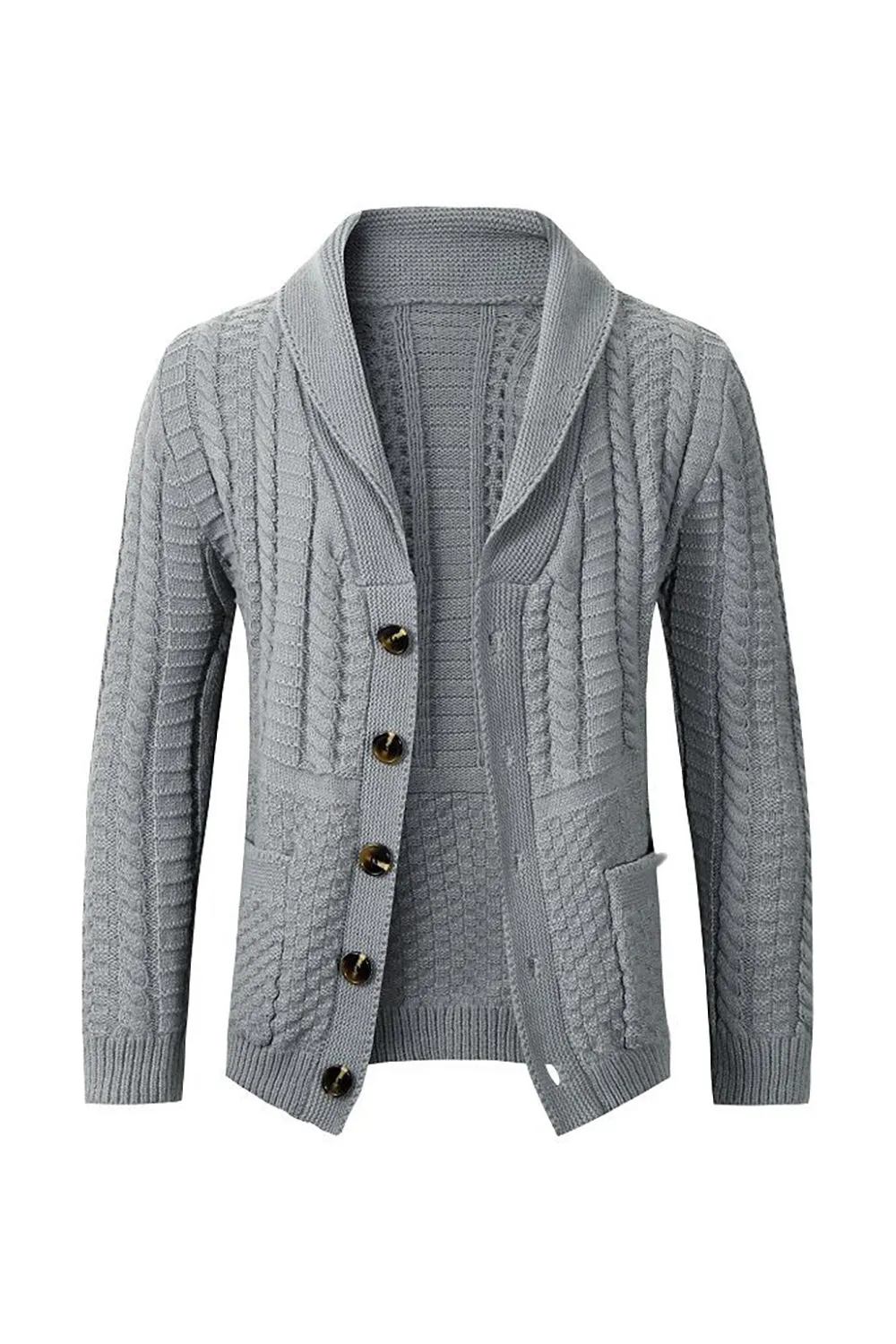 Grey Men's Casual Shawl Lapel Cardigan Button Down Cable Knitted Sweater sold by Zapaka