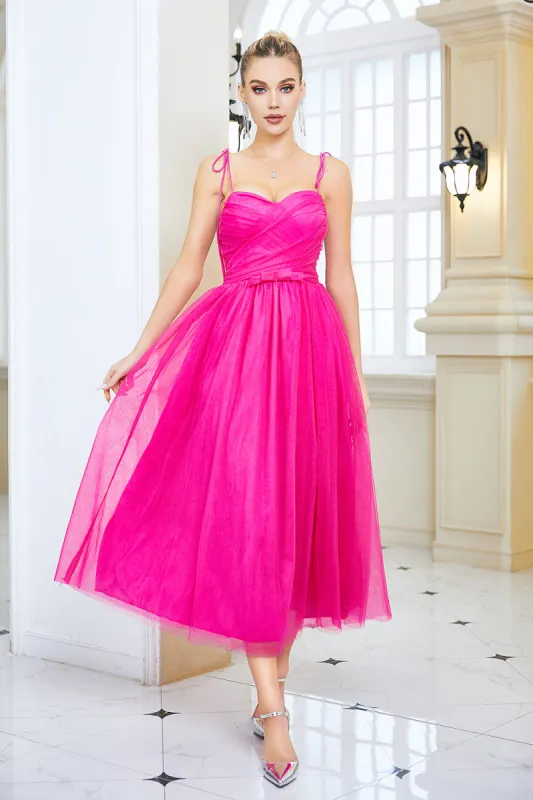 Fuchsia A Line Spaghetti Straps Prom Dress with Bow sold by Zapaka