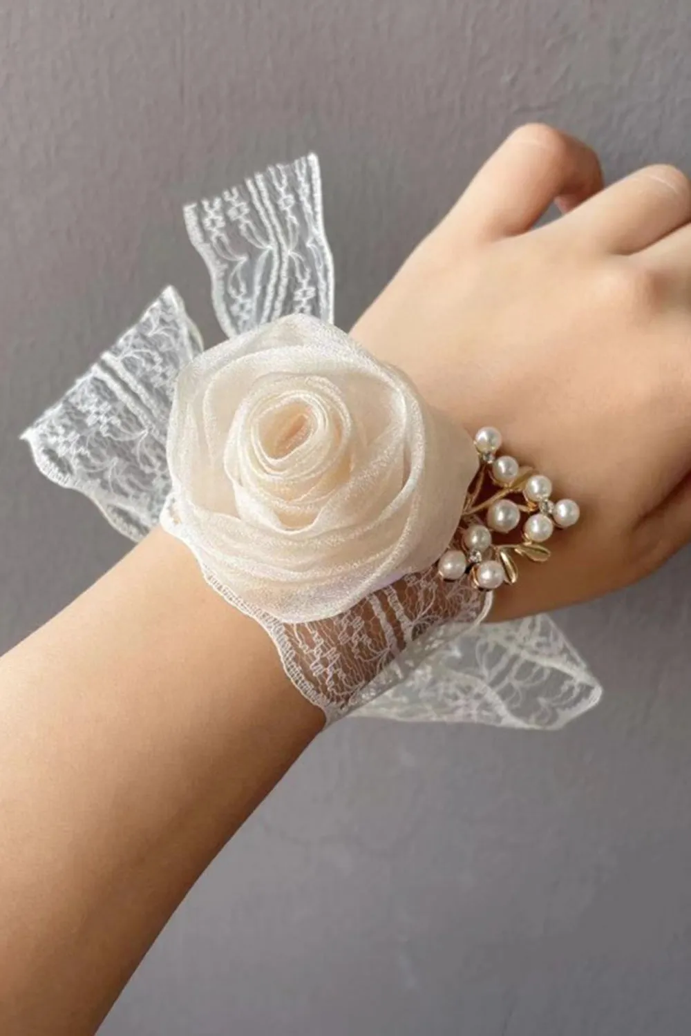 Champagne Pearl Prom Wrist Corsage with Lace Ribbon sold by Zapaka