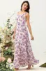 A Line Square Neck Pink Floral Printed Long Bridesmaid Dress with Open Back sold by Zapaka