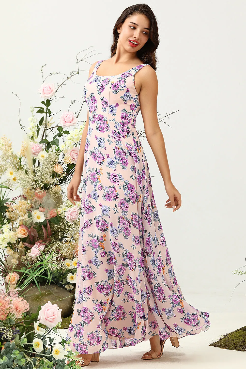 A Line Square Neck Pink Floral Printed Long Bridesmaid Dress with Open Back sold by Zapaka product image thumbnail 5