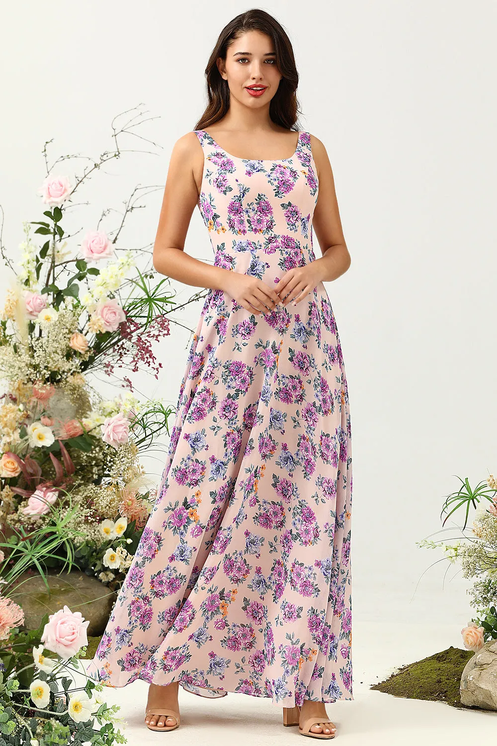 A Line Square Neck Pink Floral Printed Long Bridesmaid Dress with Open Back sold by Zapaka product image thumbnail 3