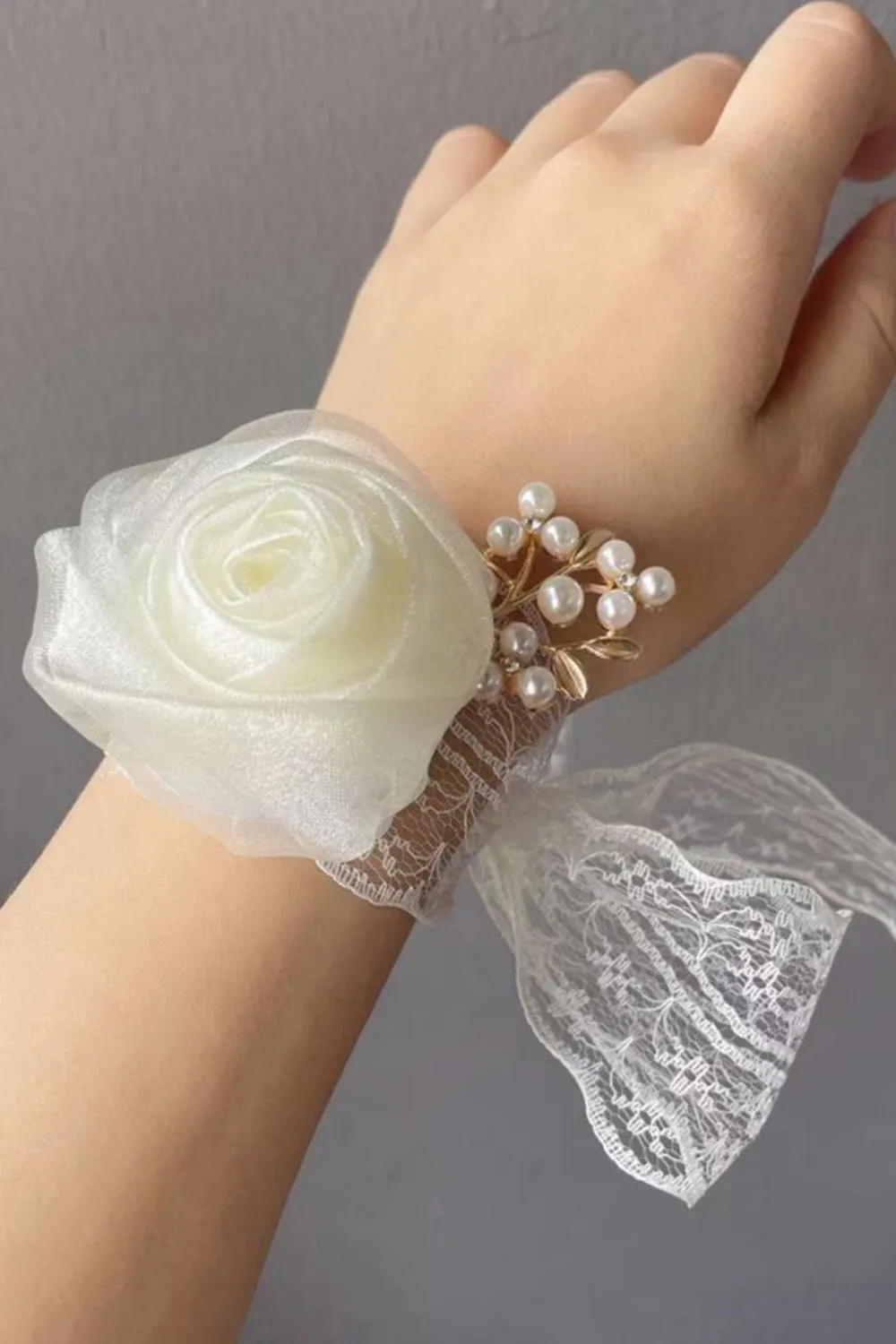 Champagne Pearl Prom Wrist Corsage with Lace Ribbon sold by Zapaka product image thumbnail 2