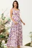 A Line Square Neck Pink Floral Printed Long Bridesmaid Dress with Open Back sold by Zapaka
