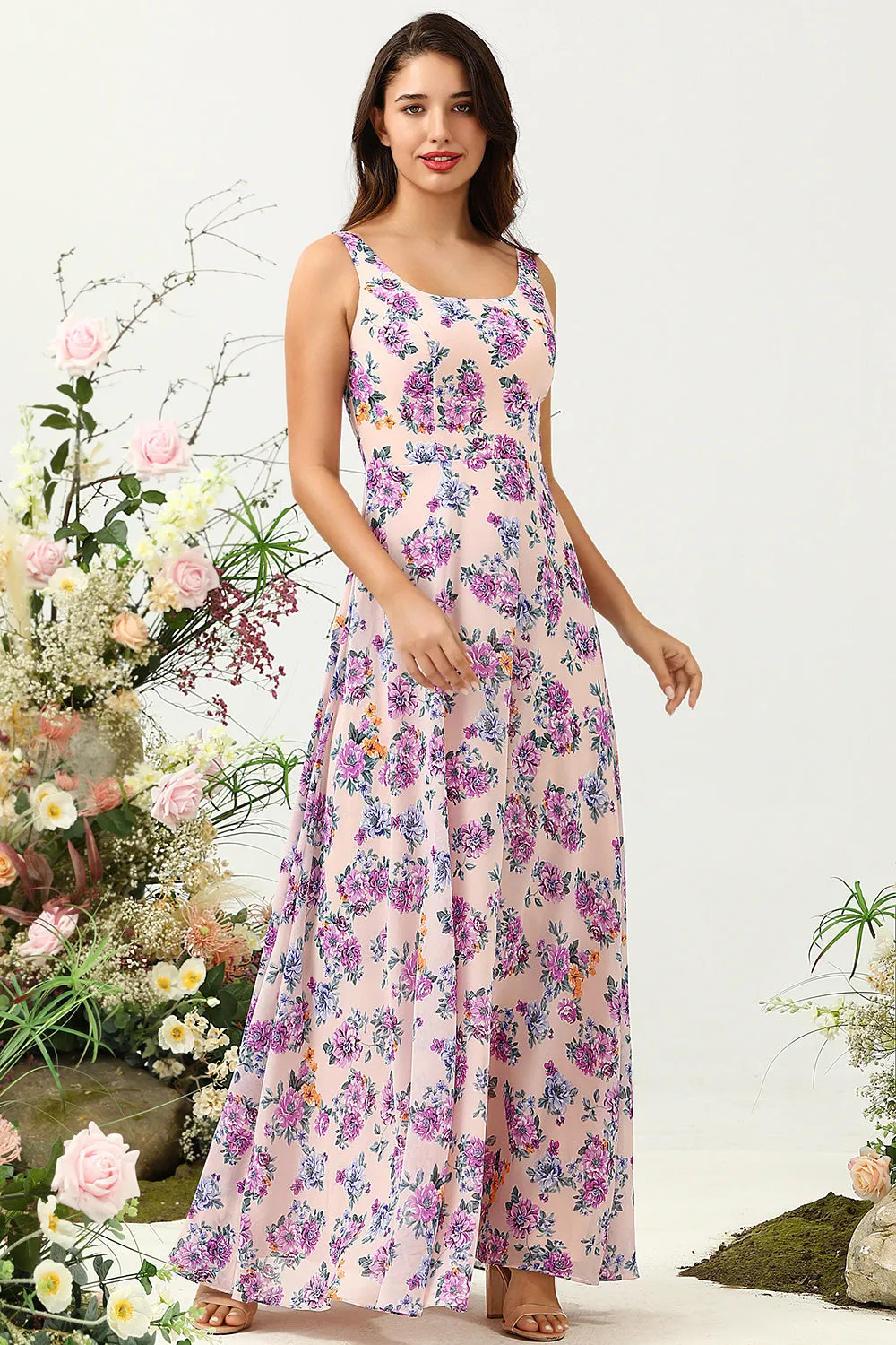 A Line Square Neck Pink Floral Printed Long Bridesmaid Dress with Open Back sold by Zapaka product image thumbnail 4