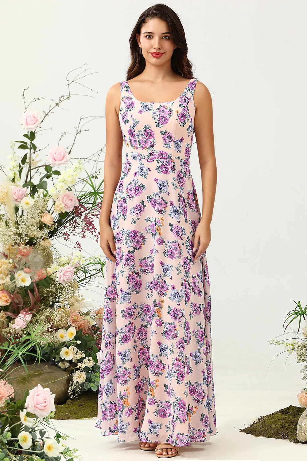 A Line Square Neck Pink Floral Printed Long Bridesmaid Dress with Open Back sold by Zapaka