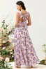 A Line Square Neck Pink Floral Printed Long Bridesmaid Dress with Open Back sold by Zapaka