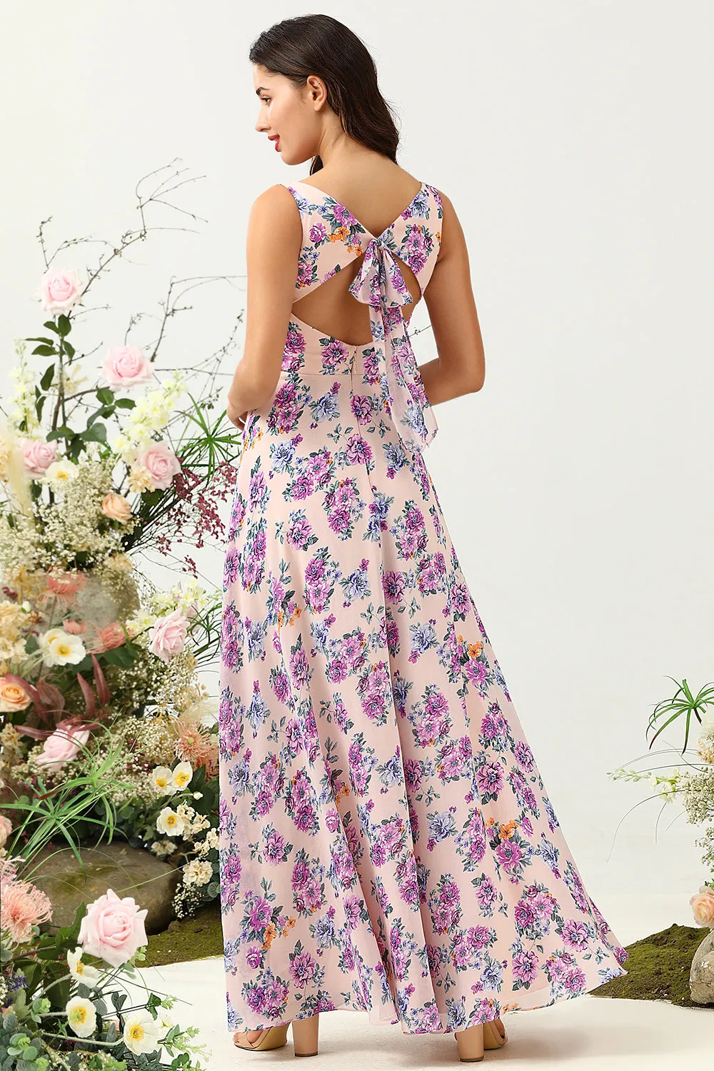 A Line Square Neck Pink Floral Printed Long Bridesmaid Dress with Open Back sold by Zapaka product image thumbnail 2