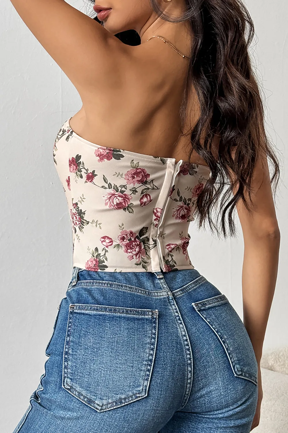 Pink Flower Printed Strapless Corset Top sold by Zapaka product image thumbnail 5