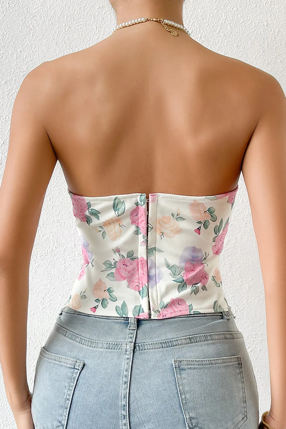 Pink Flower Printed Strapless Corset Top sold by Zapaka product image thumbnail 2