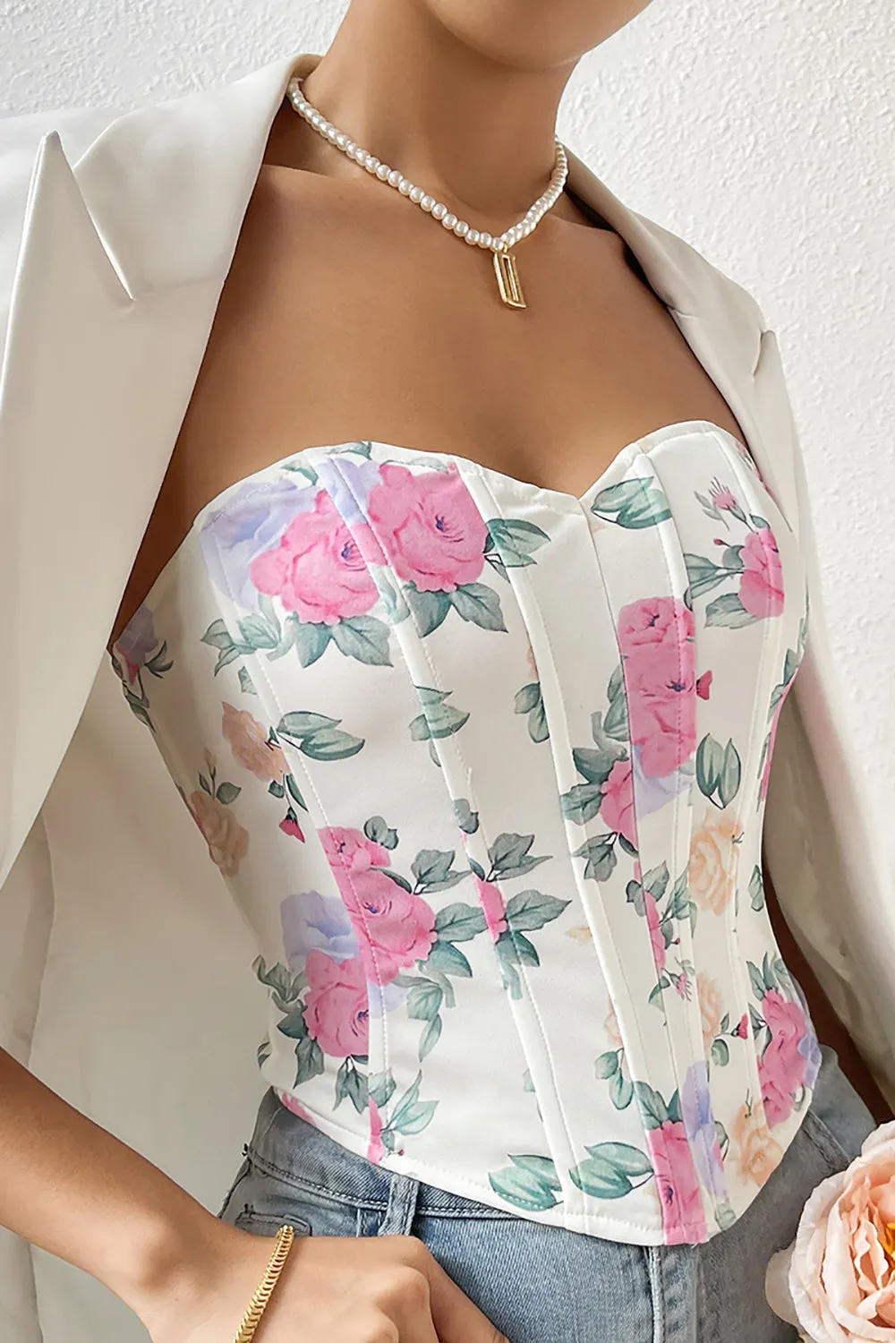 Pink Flower Printed Strapless Corset Top sold by Zapaka product image thumbnail 3