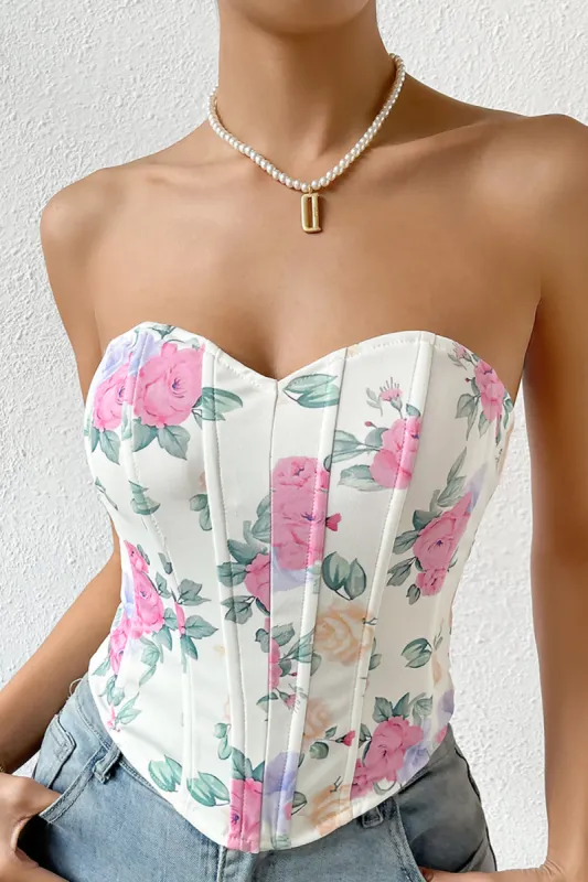 Pink Flower Printed Strapless Corset Top sold by Zapaka