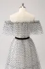 White Black A-Line Dot Off-the-Shoulder Prom Dress sold by Zapaka