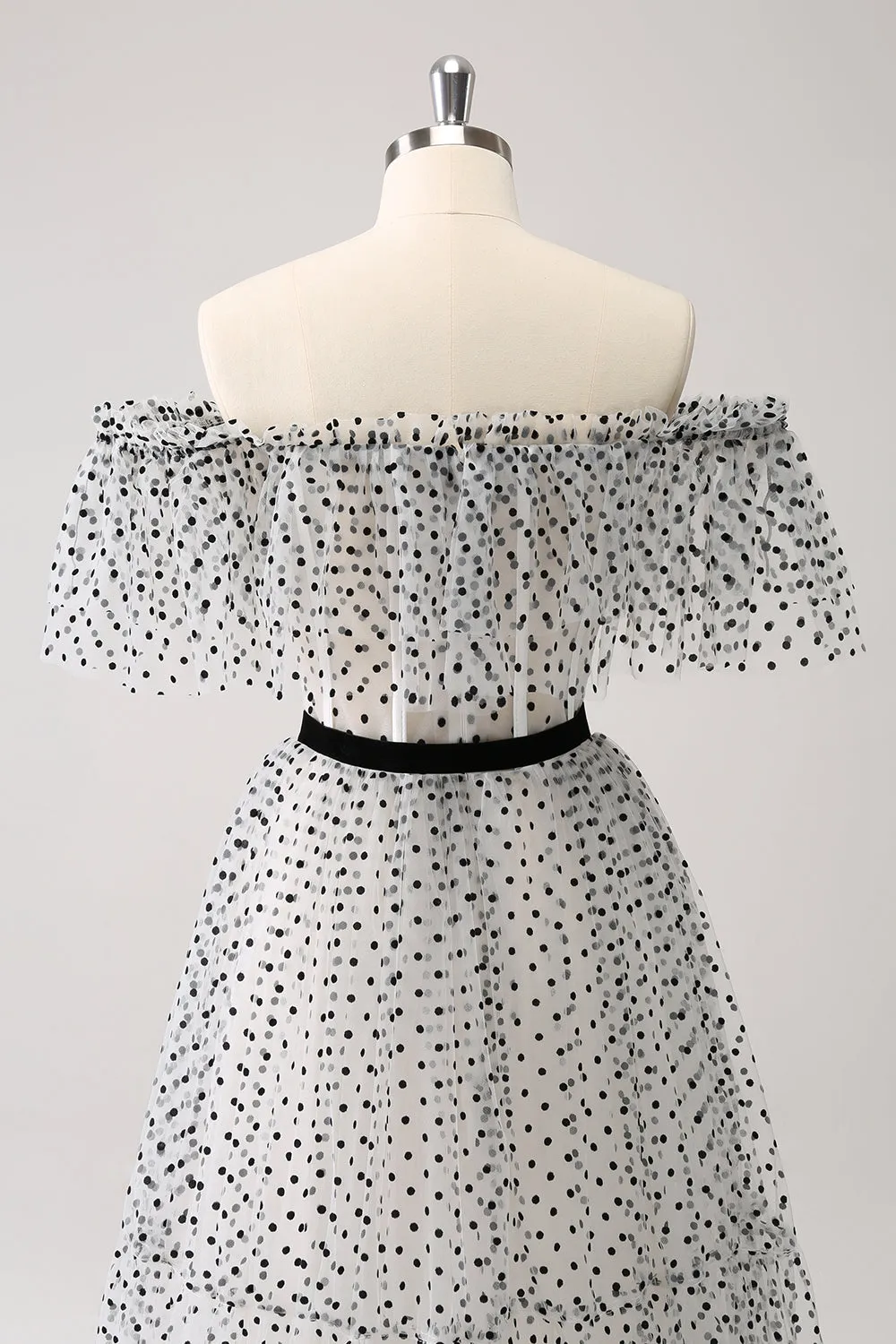 White Black A-Line Dot Off-the-Shoulder Prom Dress sold by Zapaka product image thumbnail 5