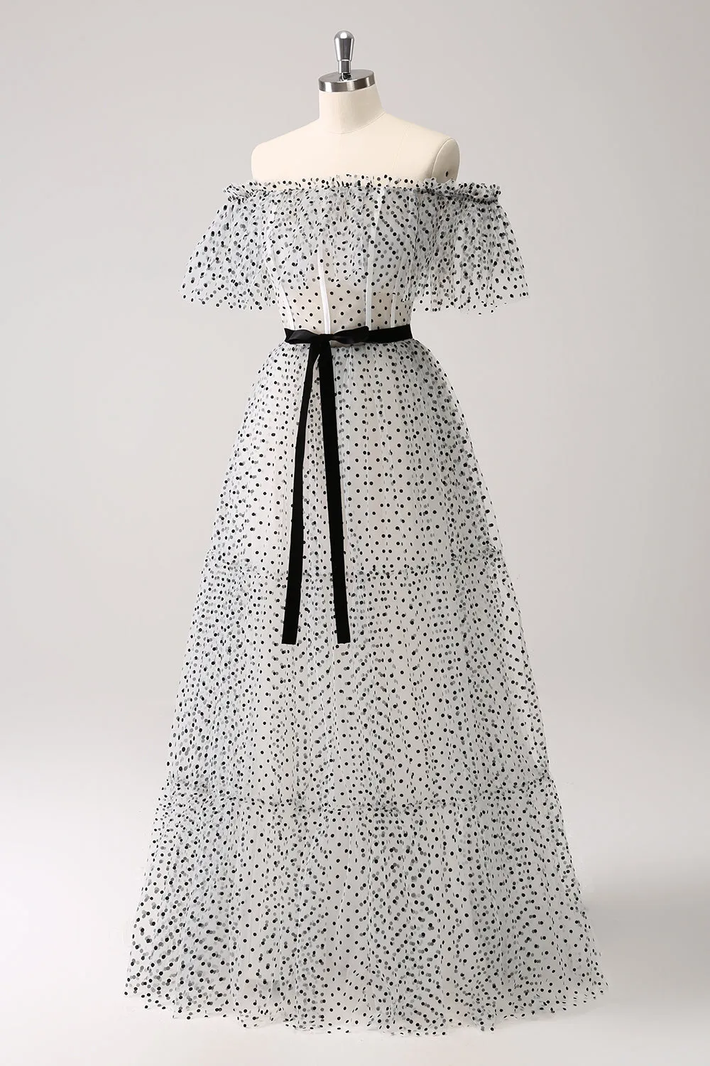 White Black A-Line Dot Off-the-Shoulder Prom Dress sold by Zapaka product image thumbnail 3