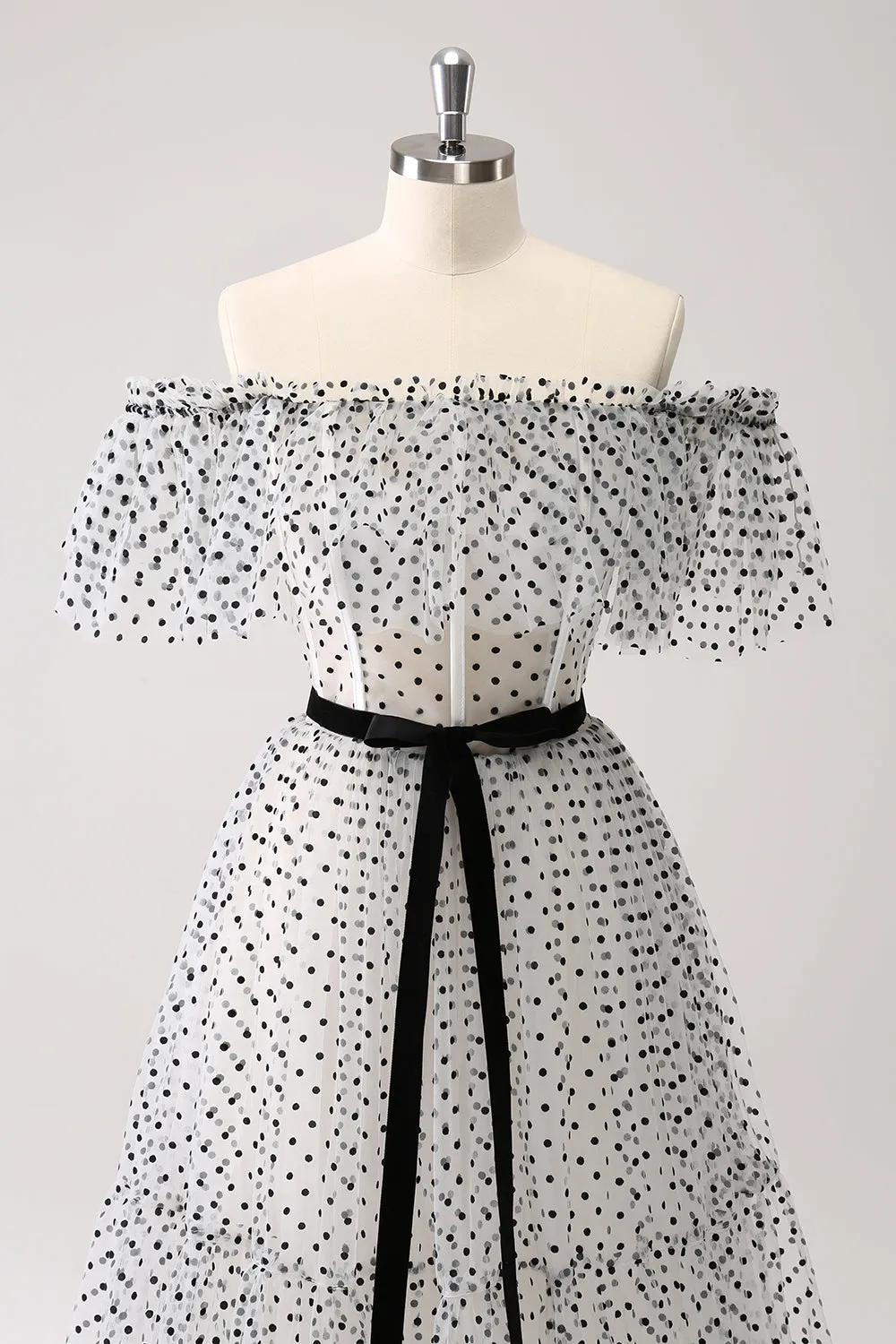 White Black A-Line Dot Off-the-Shoulder Prom Dress sold by Zapaka product image thumbnail 4