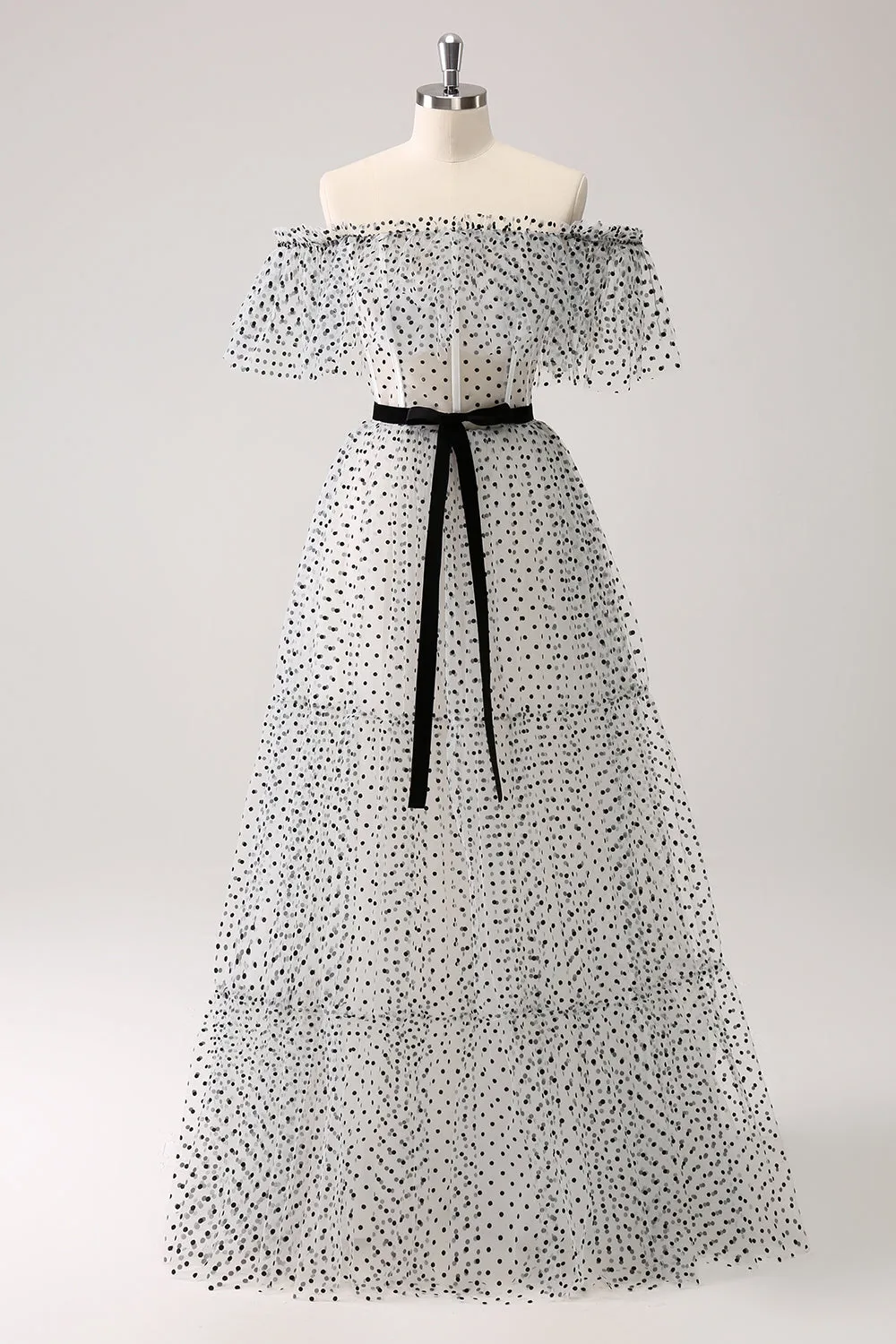White Black A-Line Dot Off-the-Shoulder Prom Dress sold by Zapaka