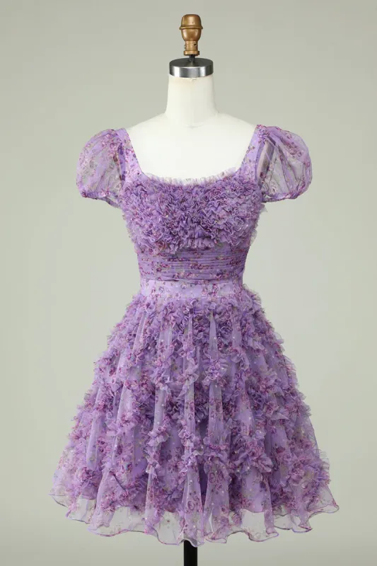 Floral A Line Purple Homecoming Dress with Ruffles sold by Zapaka