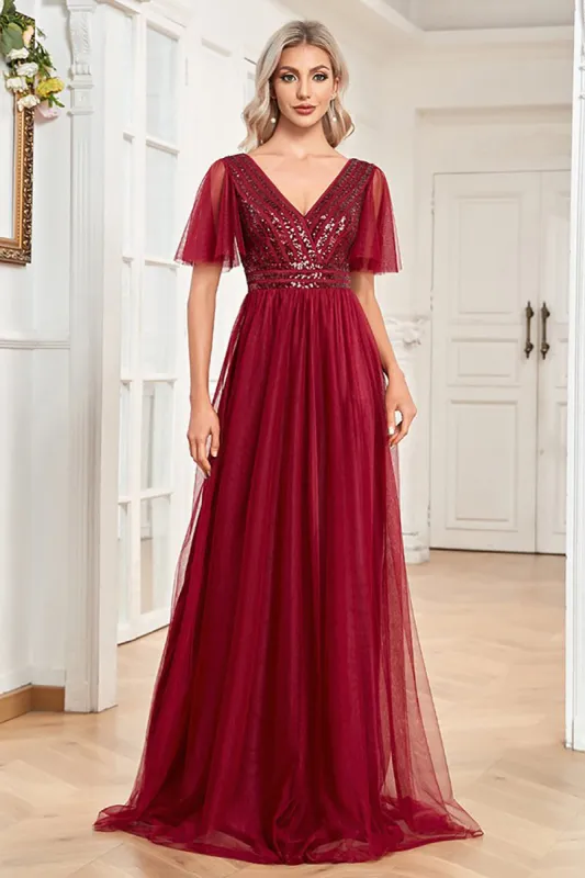 A Line Burgundy Sparkly V-Neck Long Prom Dress sold by Zapaka
