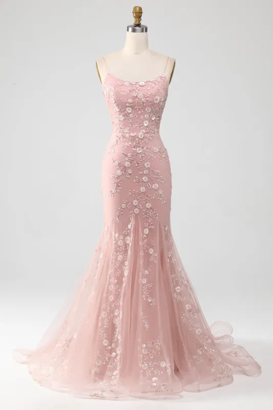 Mermaid Blush Spaghetti Straps Prom Dress with Appliques sold by Zapaka
