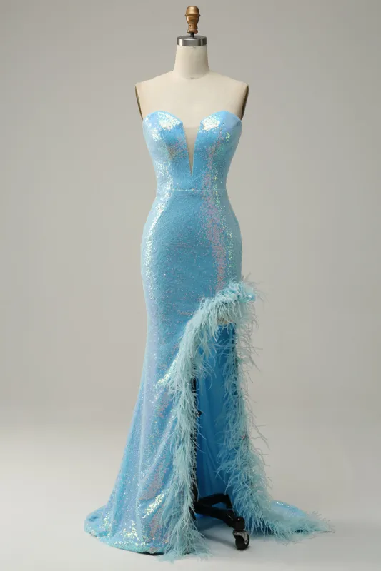 Mermaid Sweetheart Light Blue Sequins Long Prom Dress with Feather sold by Zapaka