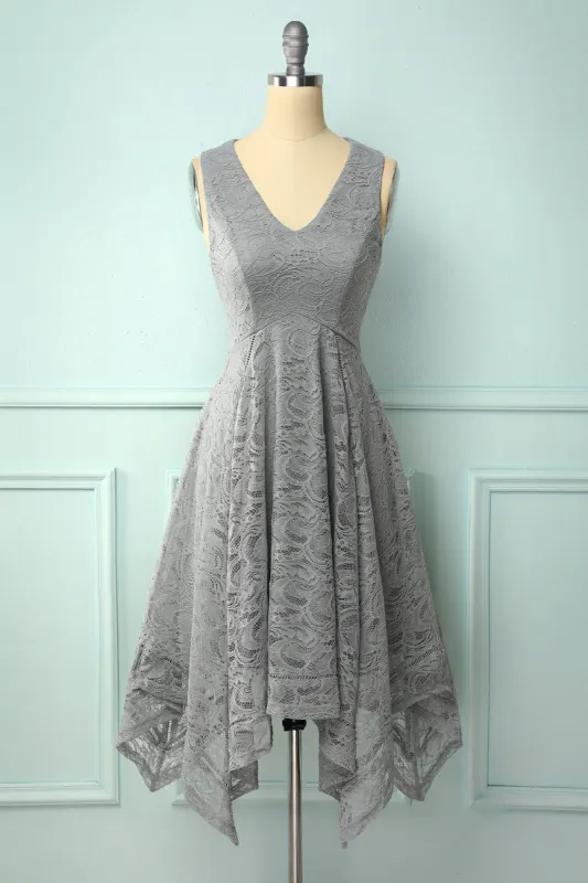 Asymmetrical Grey V-neck Lace Dress sold by Zapaka