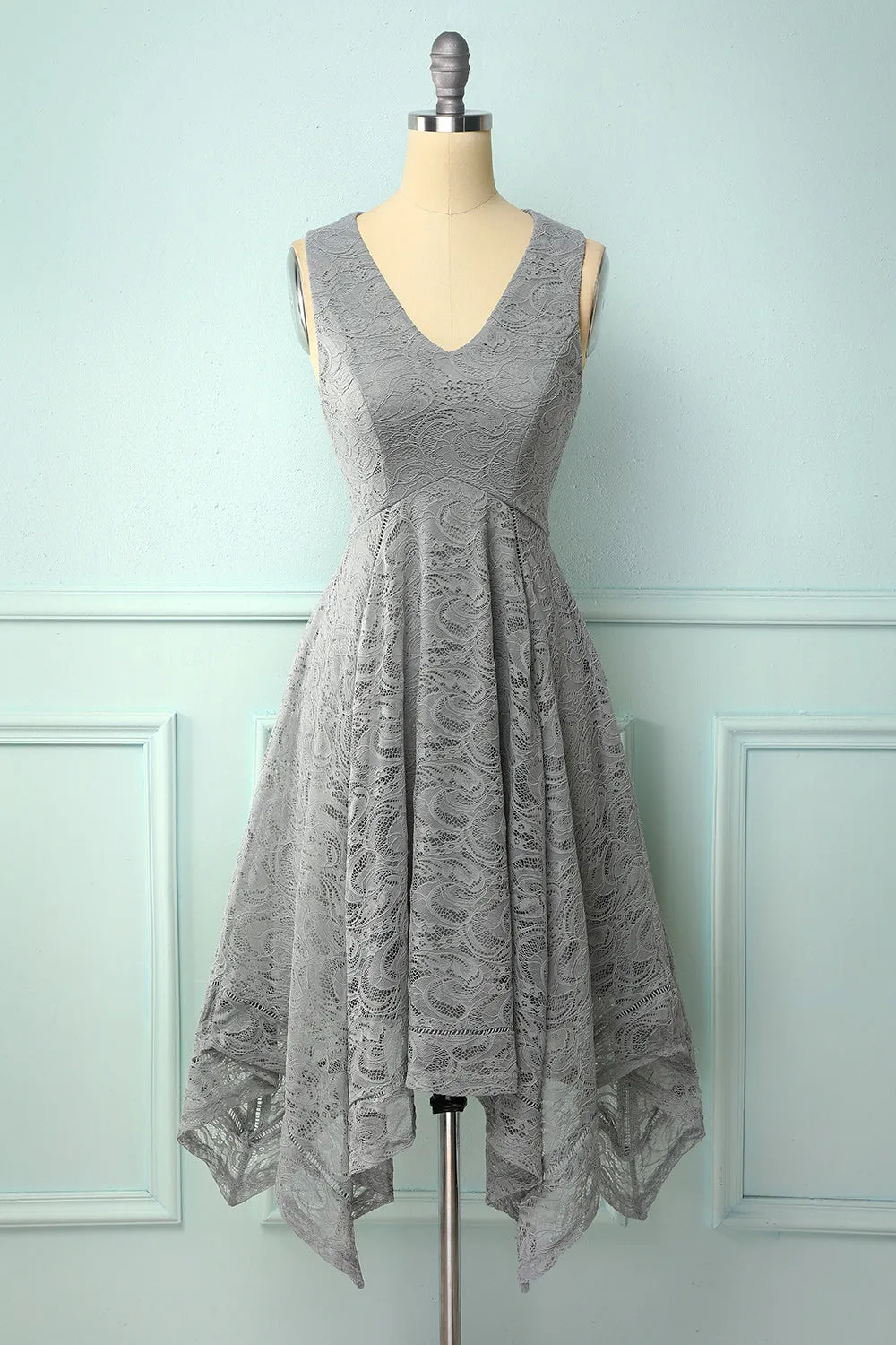 Asymmetrical Grey V-neck Lace Dress sold by Zapaka