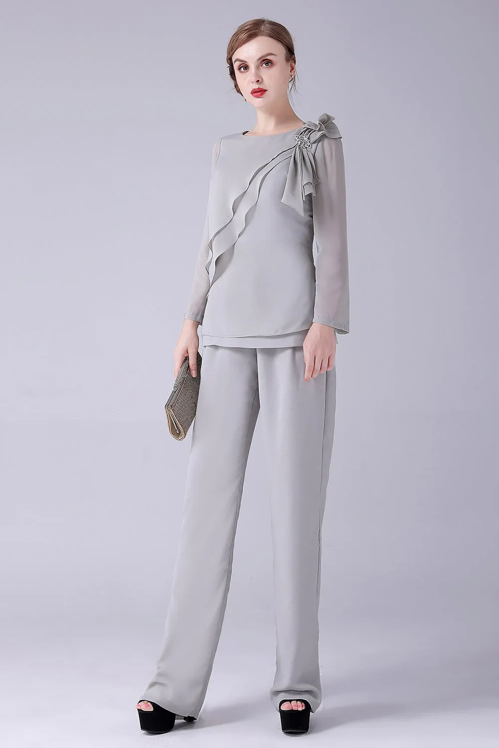 Silver 2 Pieces Chiffon Mother of the Bride Pant Suits sold by Zapaka product image thumbnail 3