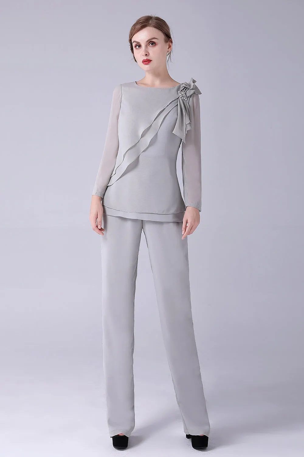Silver 2 Pieces Chiffon Mother of the Bride Pant Suits sold by Zapaka