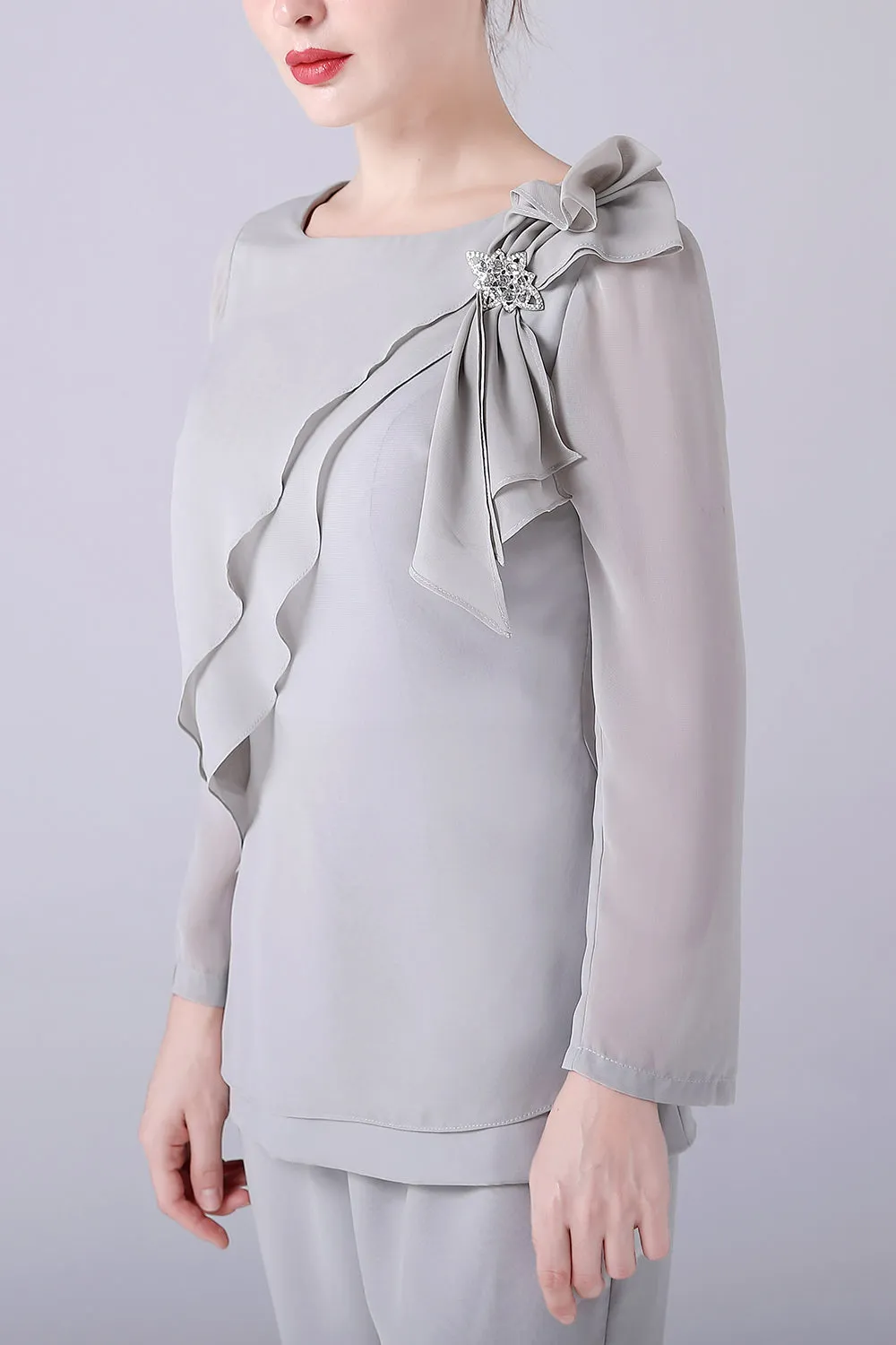 Silver 2 Pieces Chiffon Mother of the Bride Pant Suits sold by Zapaka product image thumbnail 5