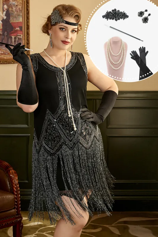Black Fringes 1920s Plus Size Gatsby Dress with 20s Accessories Set sold by Zapaka