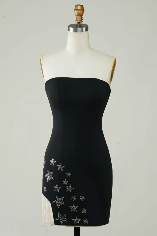 Stylish Sheath Strapless Black Short Homecoming Dress with Tassel sold by Zapaka