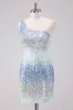 Sparkly Light Blue One Shoulder Sequins Bodycon Short Homecoming Dress sold by Zapaka