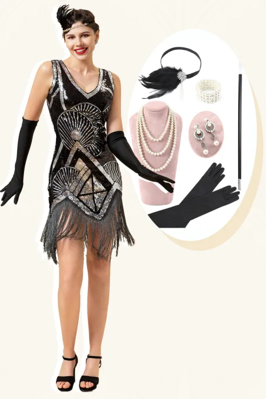 Silver Fringed Sequins Glitter Flapper Dress with 20s Accessories Set sold by Zapaka