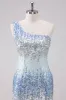 Sparkly Light Blue One Shoulder Sequins Bodycon Short Homecoming Dress sold by Zapaka