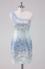 Sparkly Light Blue One Shoulder Sequins Bodycon Short Homecoming Dress sold by Zapaka
