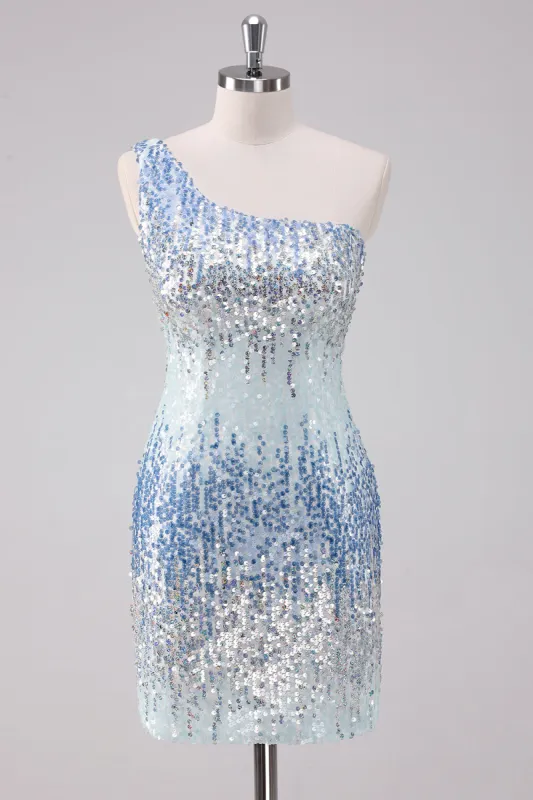 Sparkly Light Blue One Shoulder Sequins Bodycon Short Homecoming Dress sold by Zapaka
