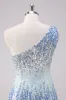 Sparkly Light Blue One Shoulder Sequins Bodycon Short Homecoming Dress sold by Zapaka