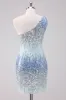 Sparkly Light Blue One Shoulder Sequins Bodycon Short Homecoming Dress sold by Zapaka