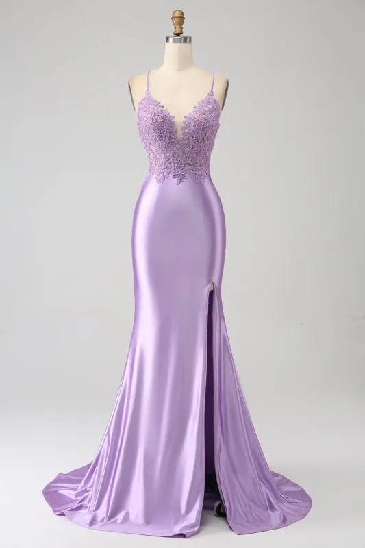 Stylish Mermaid Spaghetti Straps Lilac Long Prom Dress with Appliques Slit sold by Zapaka