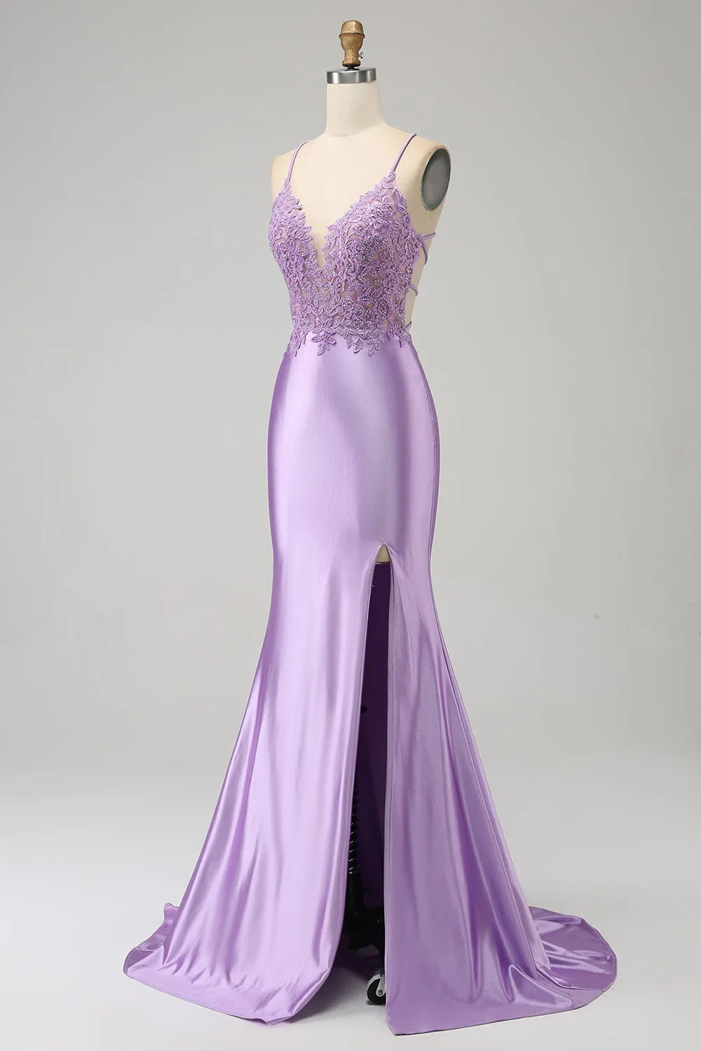 Stylish Mermaid Spaghetti Straps Lilac Long Prom Dress with Appliques Slit sold by Zapaka product image thumbnail 3
